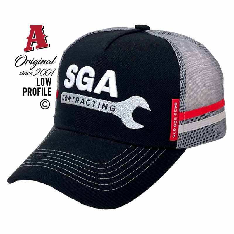 SGA Contracting Sarina QLD 4737 LP Midrange Aussie Trucker Hats Australian HeadFit Crown & Double SideBands snapback rear closure black grey Construction