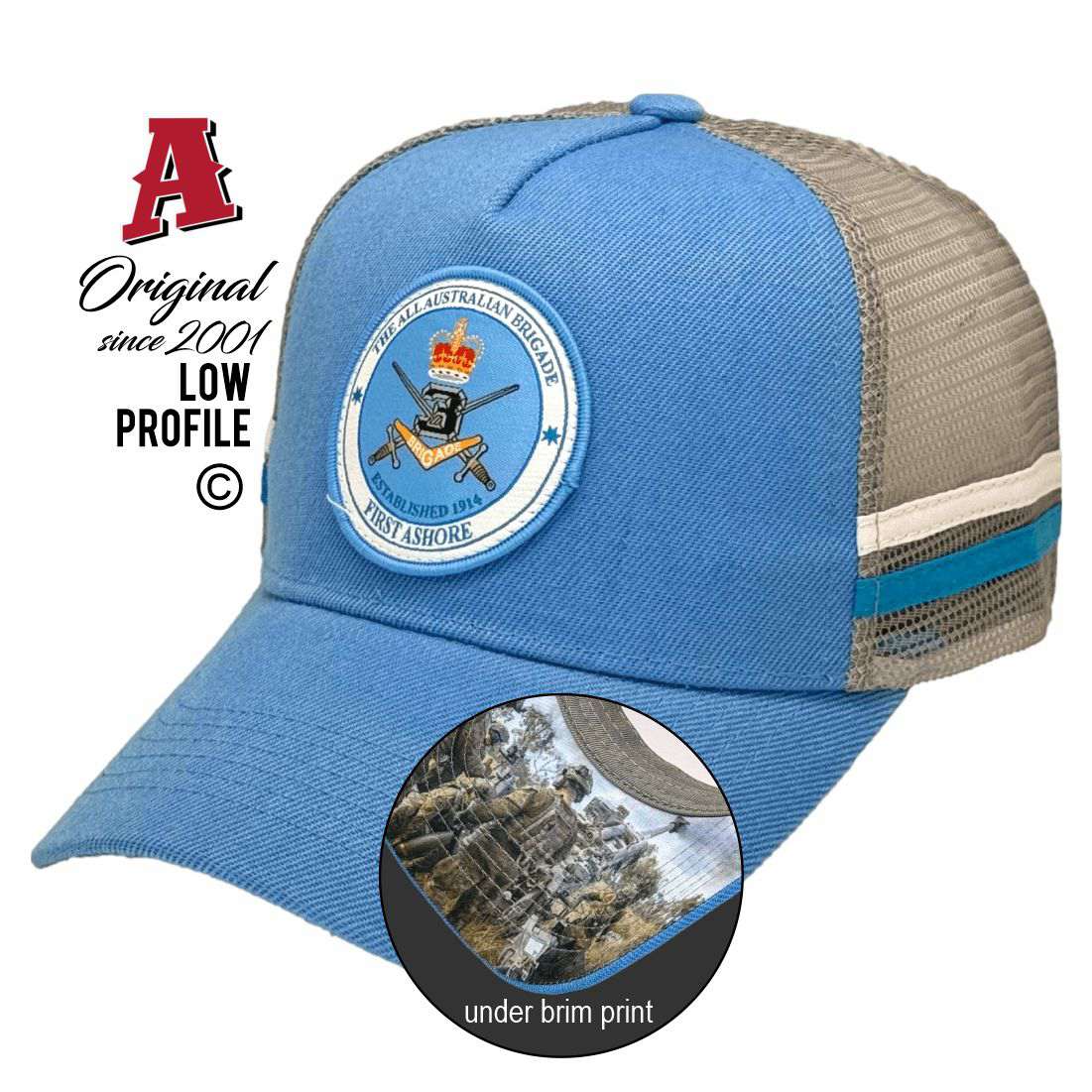 The All Australia Brigade Townsville QLD 4813 LP Midrange Aussie Trucker Hats Australian HeadFit Crown & Double SideBands snapback rear closure light blue silver Rural Services