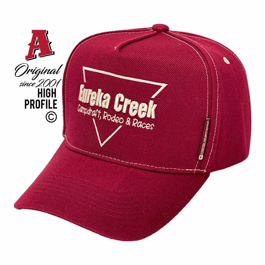 Eureka Creek Campdraft Rodeo & Races Dimbulah Qld Full Crown HP Midrange Aussie Trucker Hats maroon Livestock