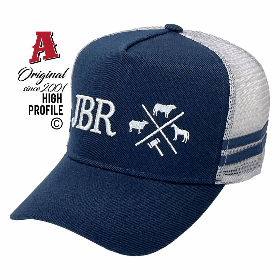 JBR James Bradford Rural Gunnedah NSW HP Midrange Aussie Trucker Hats Australian HeadFit Crown & Double SideBands snapback rear closure navy white Livestock