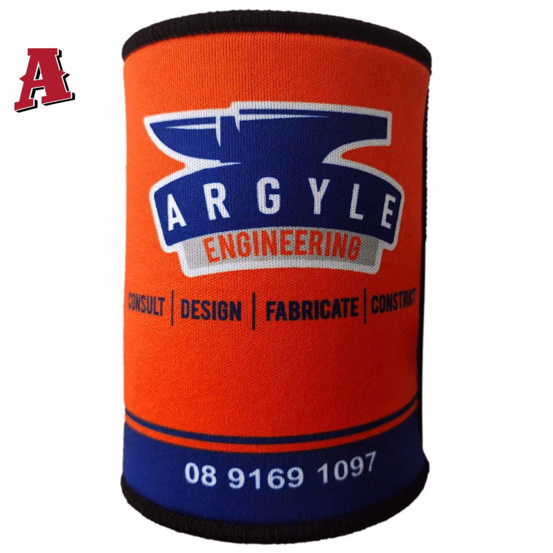 Argyle Engineering Kununurra WA 6743 Aussie Custom Stubby Holder, Koozie, 5mm Premium Neoprene with Glued & Stitched Seams Black orange Construction
