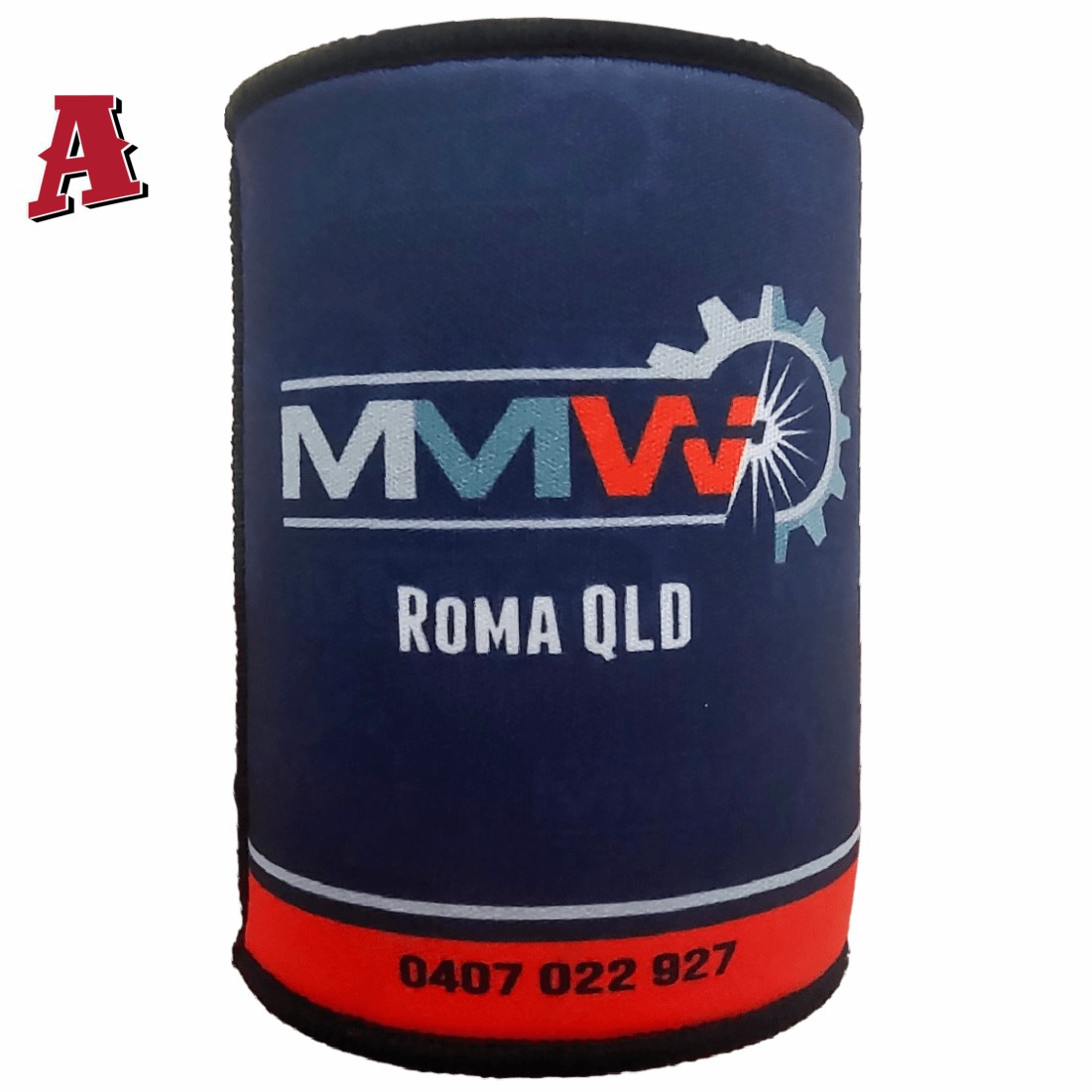 MMW Maranoa Mobile Welding Roma QLD 4455 Aussie Custom Stubby Holder, Koozie, 5mm Premium Neoprene with Glued & Stitched Seams Black navy Construction