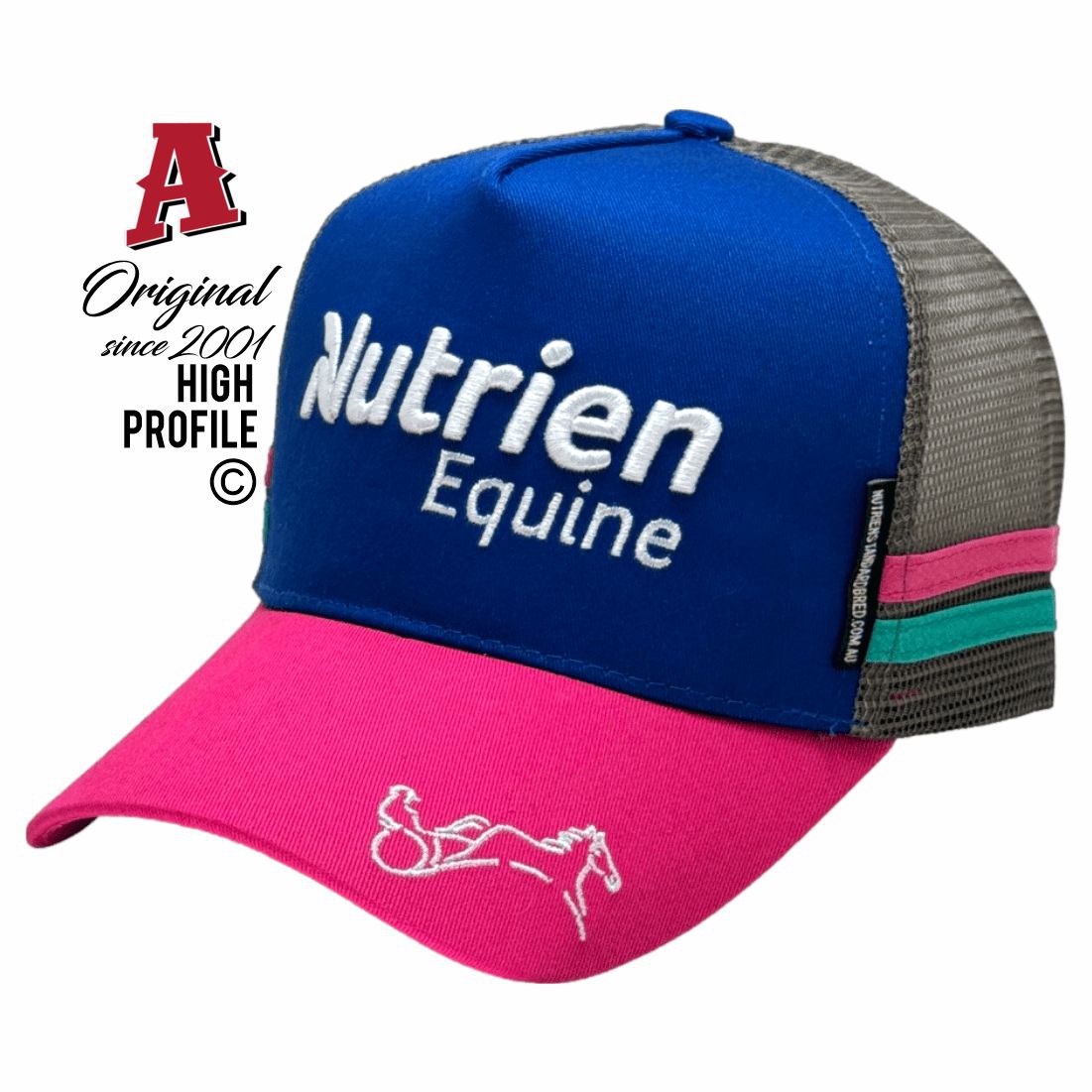 Nutrien Equine Standardbred Tamworth NSW 2340 HP Midrange Aussie Trucker Hats Australian HeadFit Crown & Double SideBands snapback rear closure blue hot pink Livestock