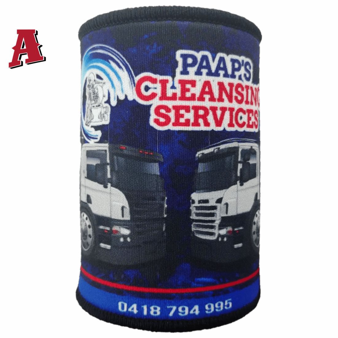 Paaps Cleansing Services Bundaberg QLD 4670 Aussie Custom Stubby Holder, Koozie, 5mm Premium Neoprene with Glued & Stitched Seams Black Transport