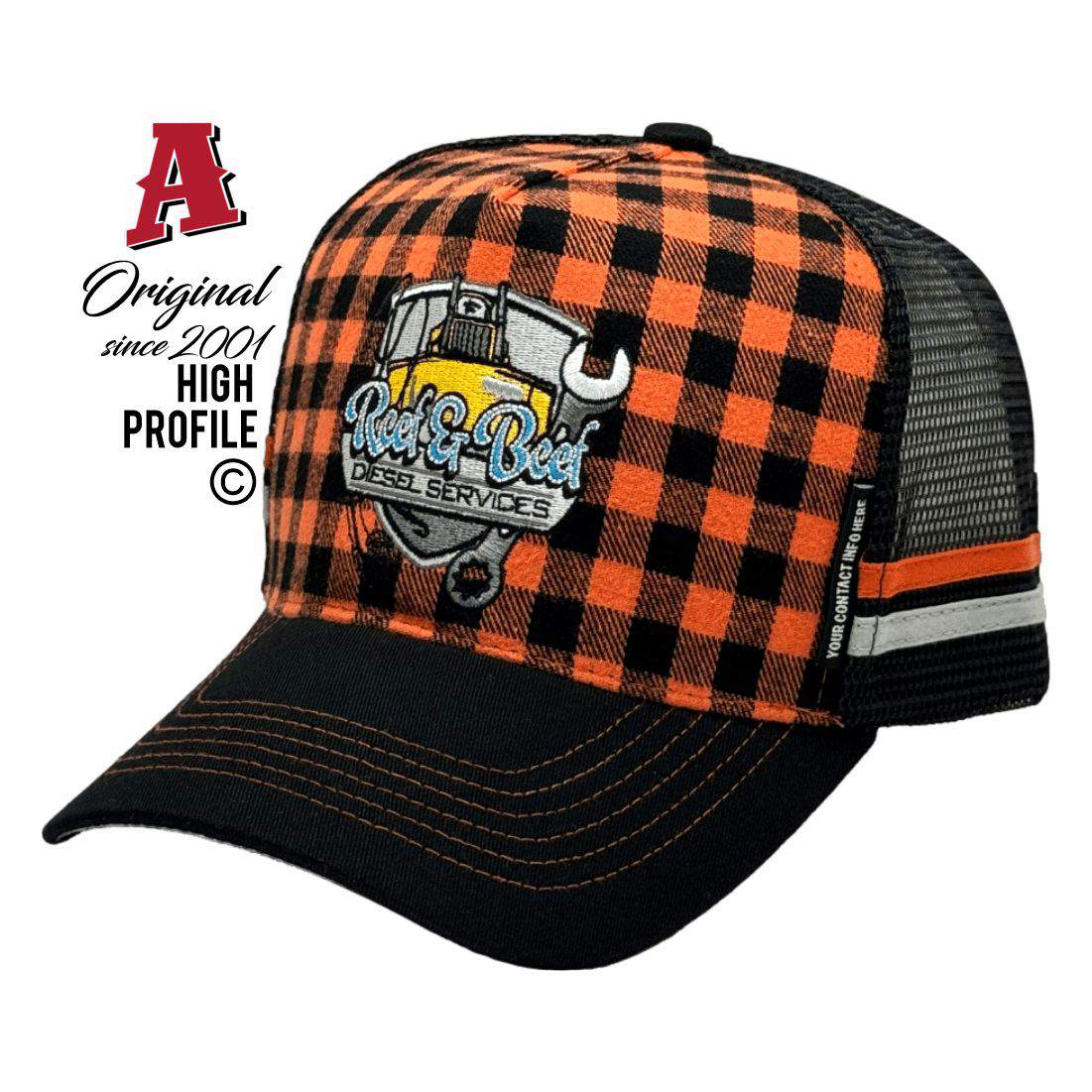 Reef & Beef Diesel Service QLD HP Power Aussie Trucker Hats Australian HeadFit Crown & Double SideBands snapback rear closure orange black Machinery