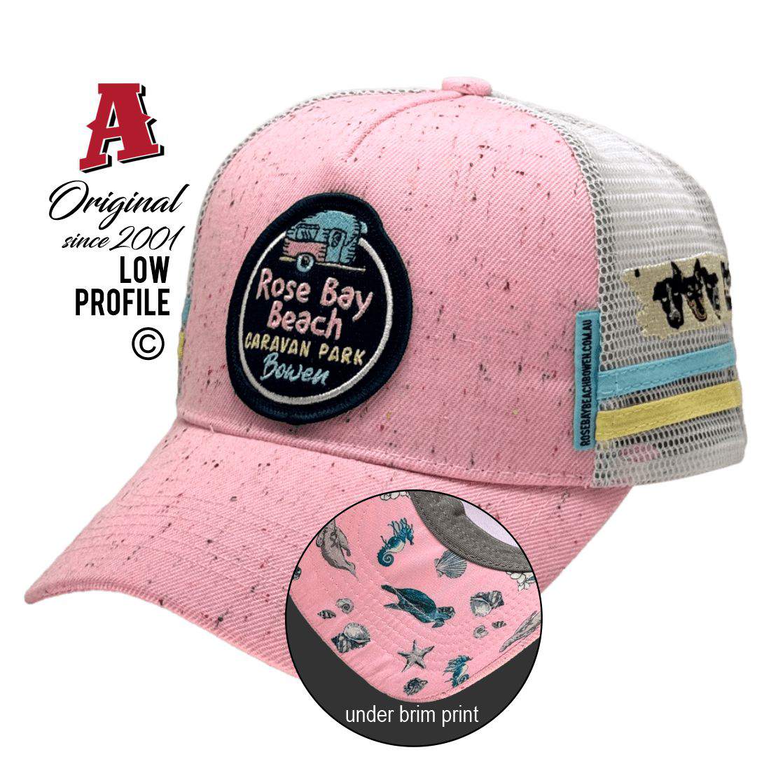 Rose Bay Beach Caravan Park Bowen QLD 4805 LP Midrange Aussie Trucker Hats Australian HeadFit Crown & Double SideBands snapback rear closure pink multi-flek white Rural Services
