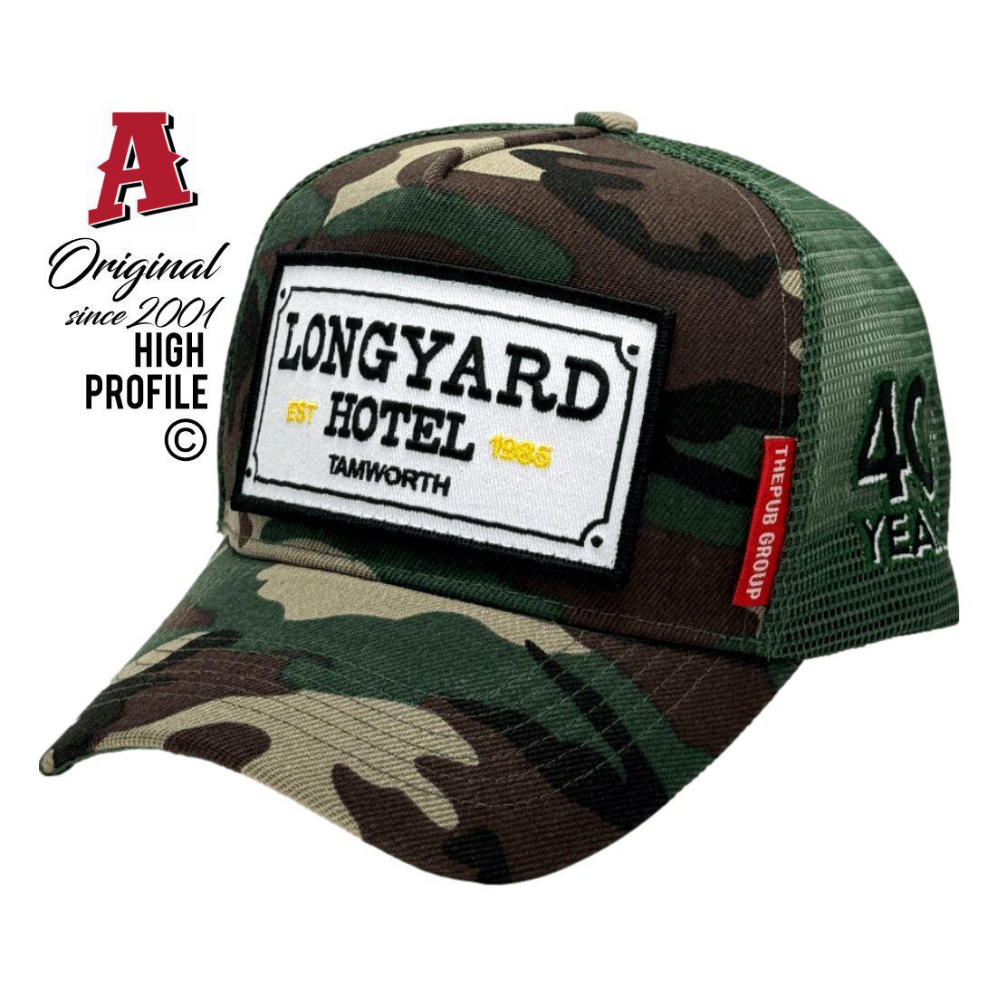 The Longyard Hotel Tamworth NSW 2340 HP Basic Aussie Trucker Hats Australian HeadFit Crown snapback rear closure camo green Rural Services