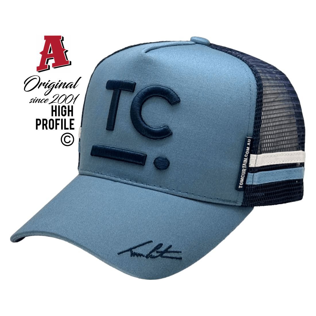 Tom Curtain Uralla NA 0805 HP Midrange Aussie Trucker Hat Australian HeadFit Crown & 2 SideBands snapback rear closure light blue navy Local Events