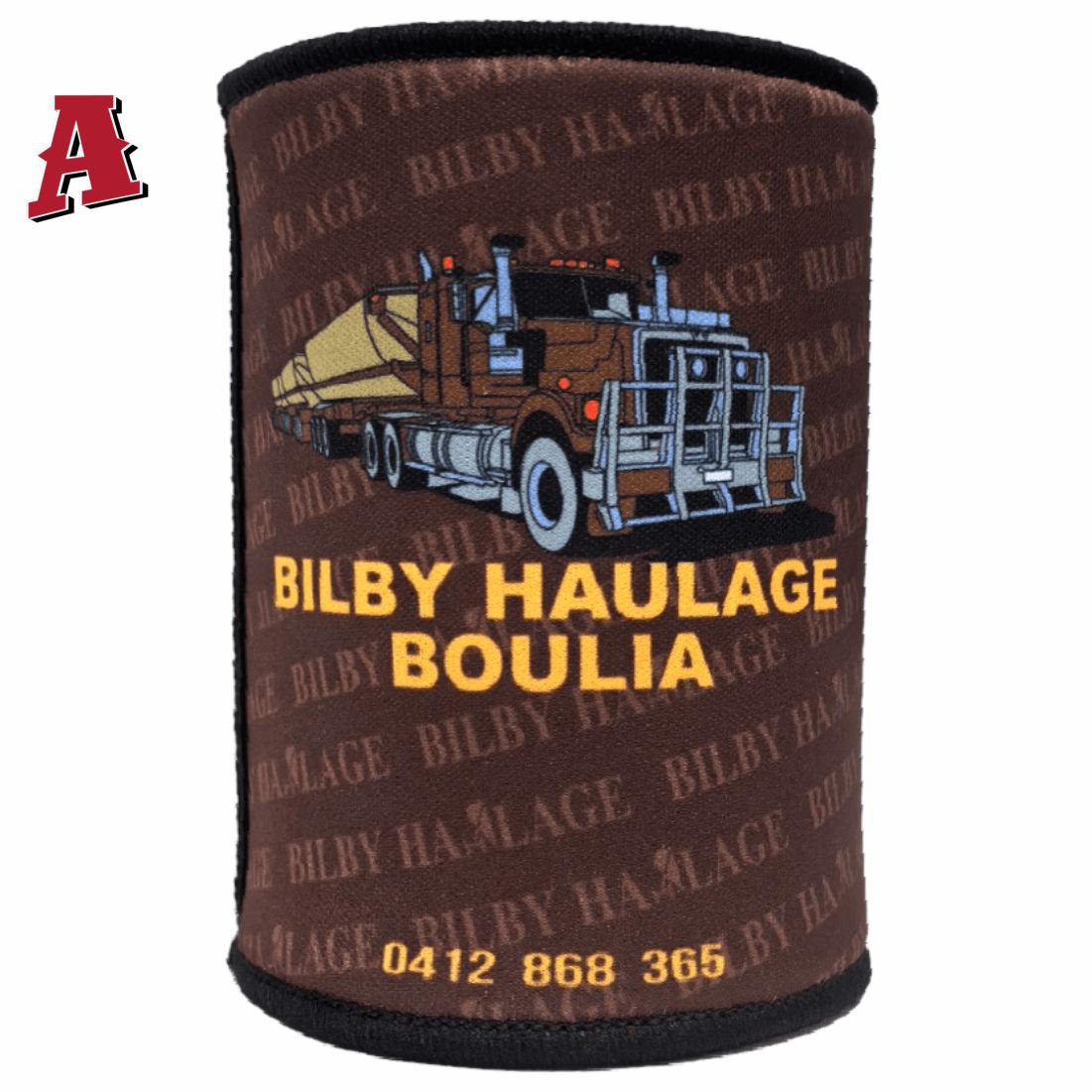 Bilby Haulage Boulia QLD 4829 Aussie Custom Stubby Holder, Koozie, 5mm Premium Neoprene with Glued & Stitched Seams Black brown Transport