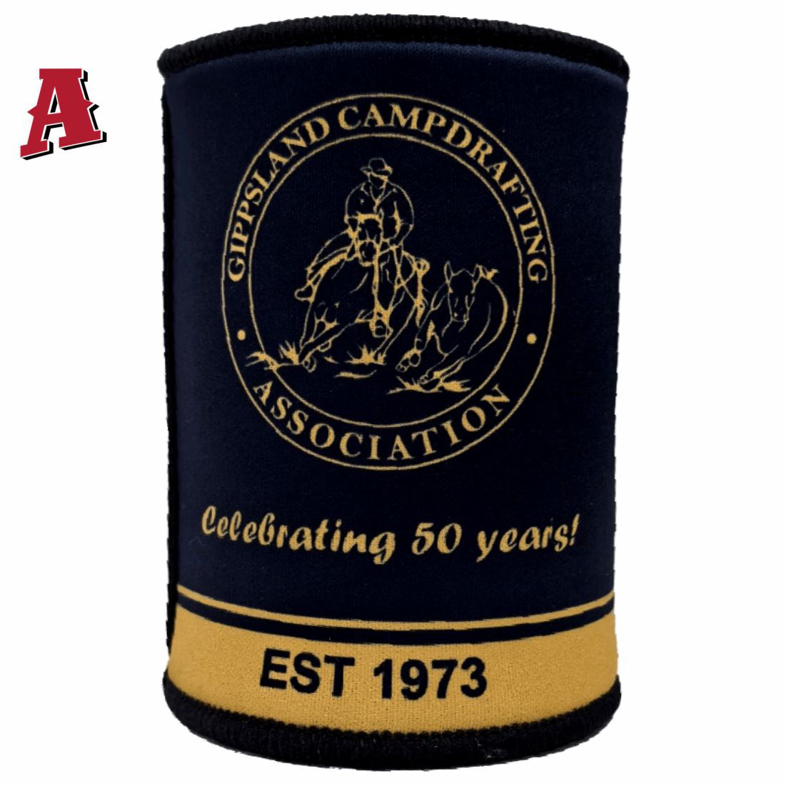 Gippsland Campdrafting Association Gippsland VIC 3841 Aussie Custom Stubby Holder, Koozie, 5mm Premium Neoprene with Glued & Stitched Seams Black Local Events