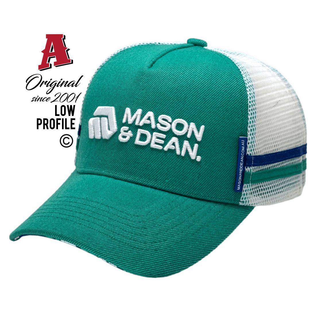 Mason & Dean Tamworth NSW 2340 LP Midrange Aussie Trucker Hats Australian Head Fit Crown & Double SideBands snapback rear closure teal Construction