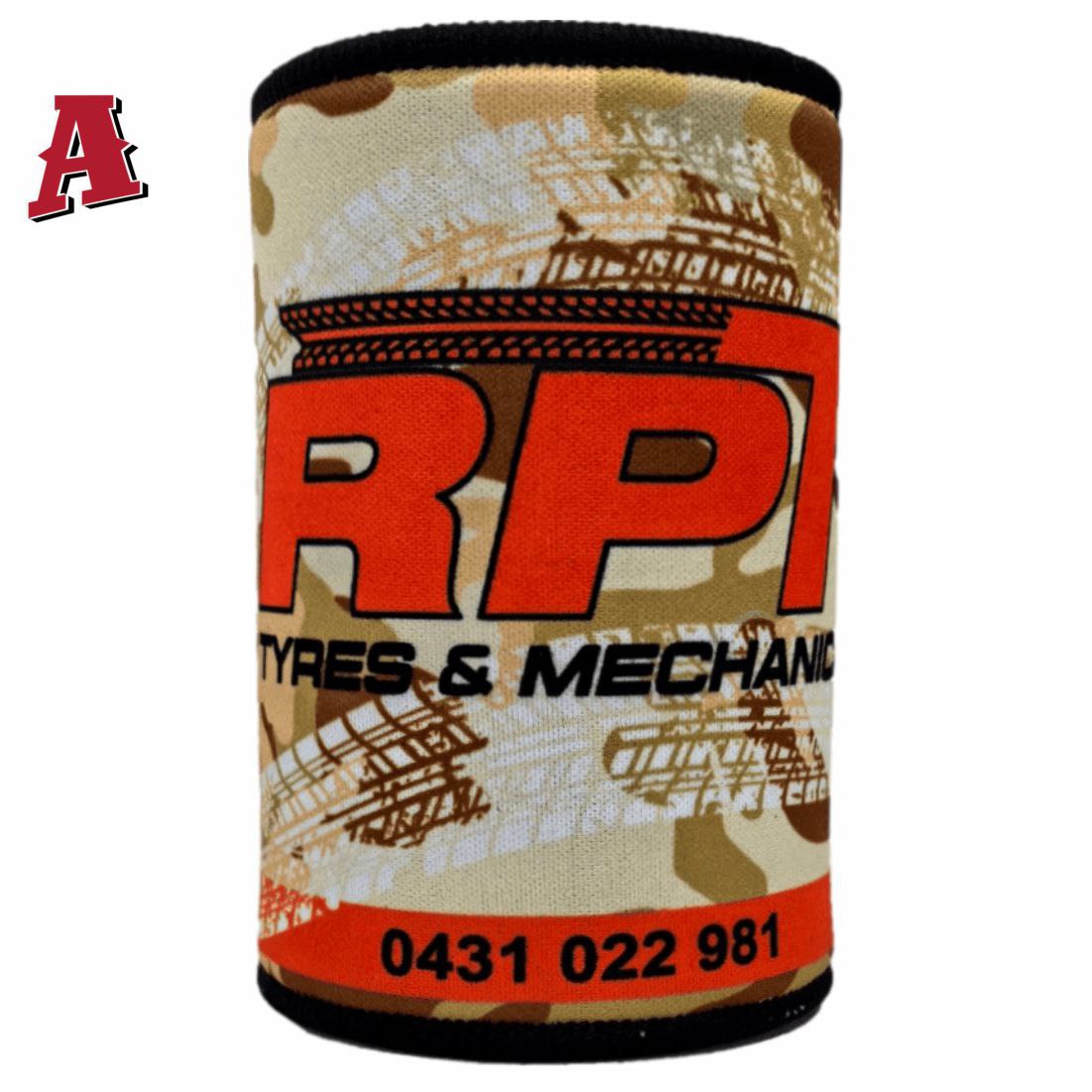 RPT Tyres & Mechanical Dysart QLD 4745 Aussie Custom Stubby Holder, Koozie, 5mm Premium Neoprene with Glued & Stitched Seams Black camo Trades