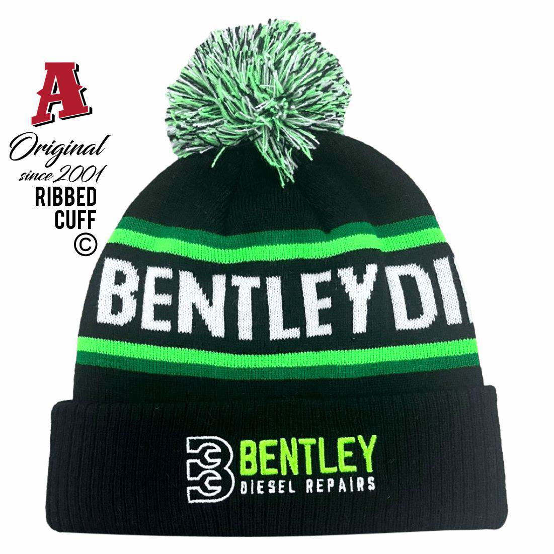 Bentley Diesel Repairs Mooroopna VIC 3629 Aussie Custom Beanie with Pom Pom and Australian Head Fit Crown any Colourway Acrylic ribbed cuff black Machinery