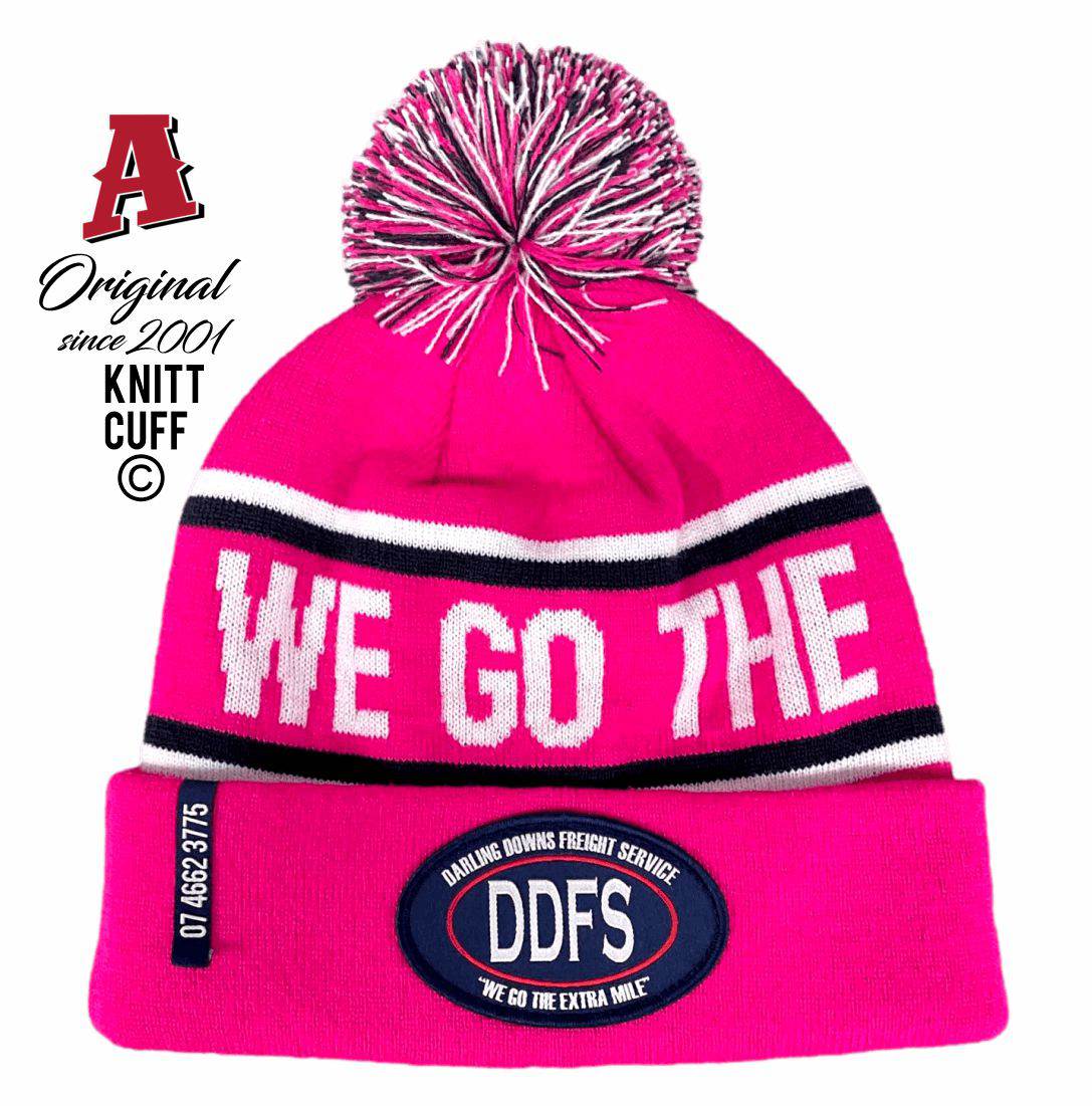 Darling Downs Freight Service Dalby QLD 4405 Aussie Custom Beanie with Pom Pom and Australian Head Fit Crown any Colourway Acrylic smooth cuff with clip-over tab hot pink Transport