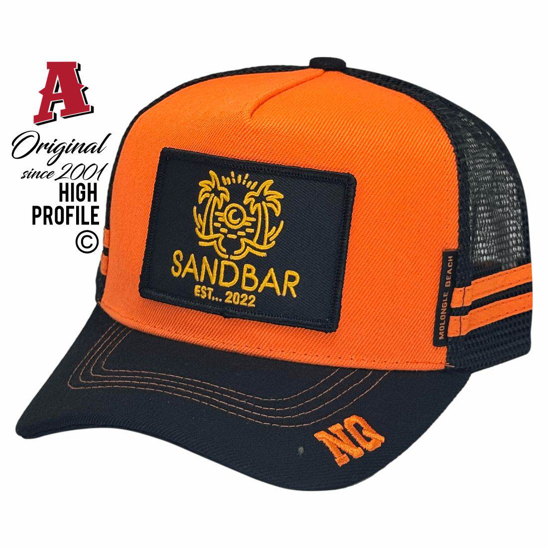 Sandbar molongle beach caravan park QLD 4805 HP Midrange Aussie Trucker Hats Australian Head Fit Crown & Double SideBands snapback rear closure orange black Rural Services