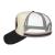 Side profile view of cream and black basic trucker hat showing the Australia map patch on the cream front panel, gray mesh back panels with maroon trim stripe, and the structured black bill extending forward.