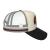 Back three-quarter view of cream and black basic trucker hat showing the gray mesh construction with white panel sections and maroon stripe accents. The structured black bill extends from the front, and gray mesh panels form the back crown area.