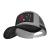 Back angled view of midrange trucker hat showing the gray mesh crown with fine checkered texture and black lower band. Snap button closure system and decorative black paisley pattern detail visible on the back underside.